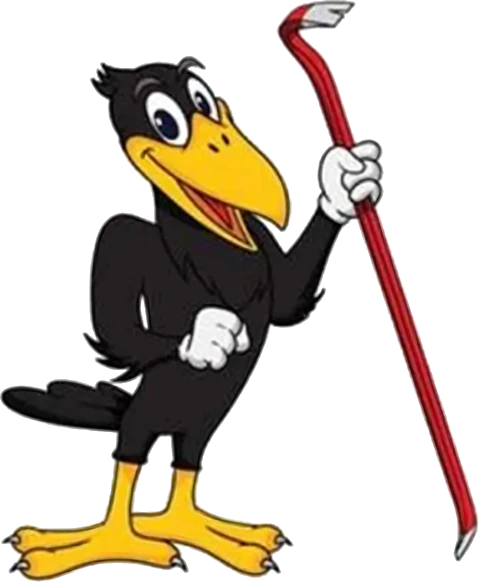 The Longer Crowbar crow mascot holding a red crowbar