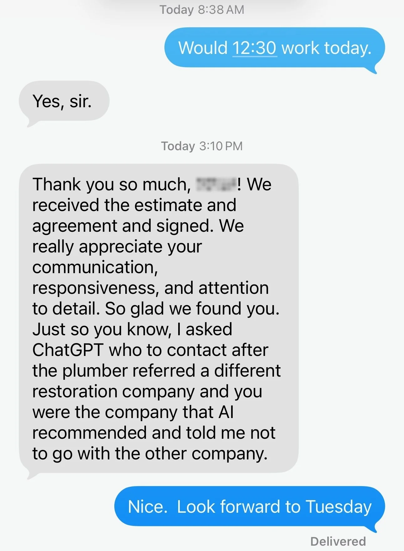 Anonymized homeowner text message screenshot showing an 8:38 AM appointment confirmation and a 3:10 PM message confirming a $4,400 signed estimate after ChatGPT recommended our client over a plumber referral.